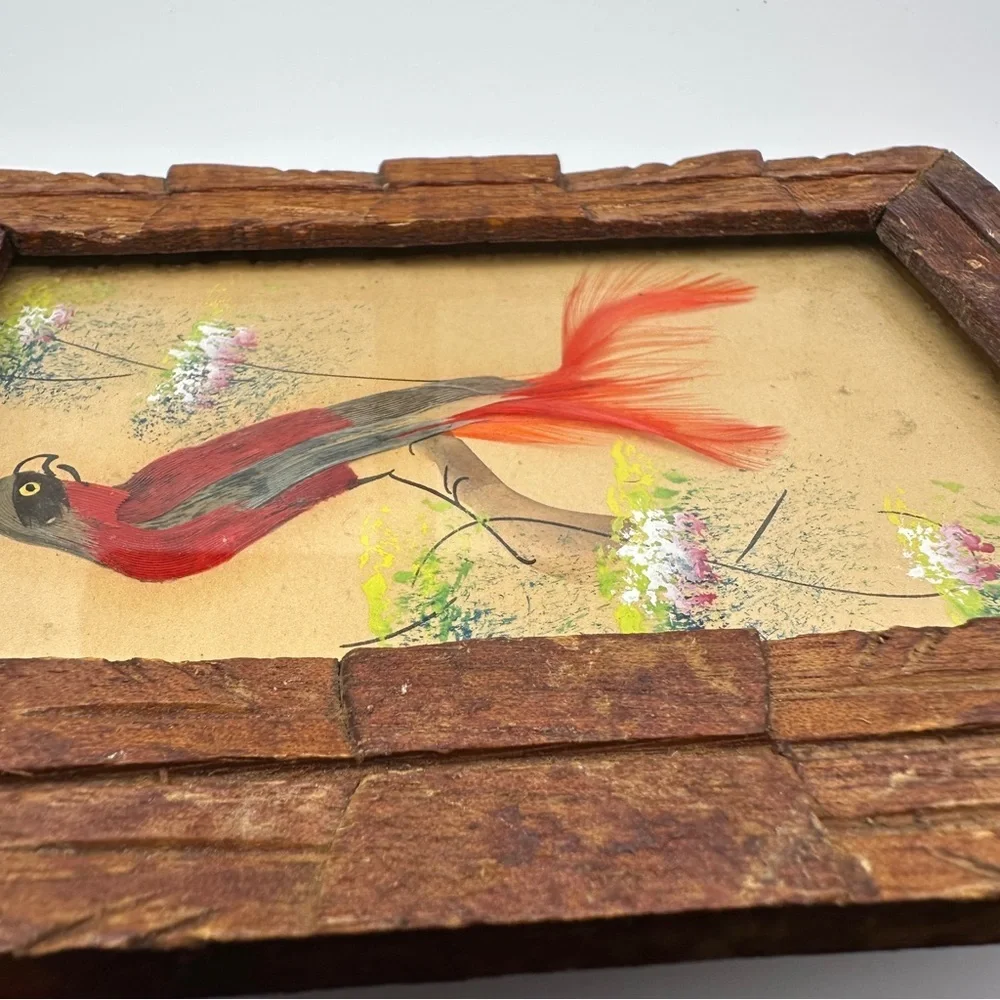 Vibrant Vintage Mexican Folk Art Feather Craft Red Bird Picture Carved Frame - Picture 16 of 16
